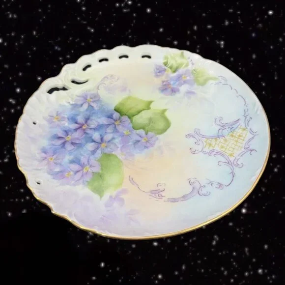 Antique Hand Painted Plate Dish Fine Porcelain Painted Purple Flowers Signed MLN Accents